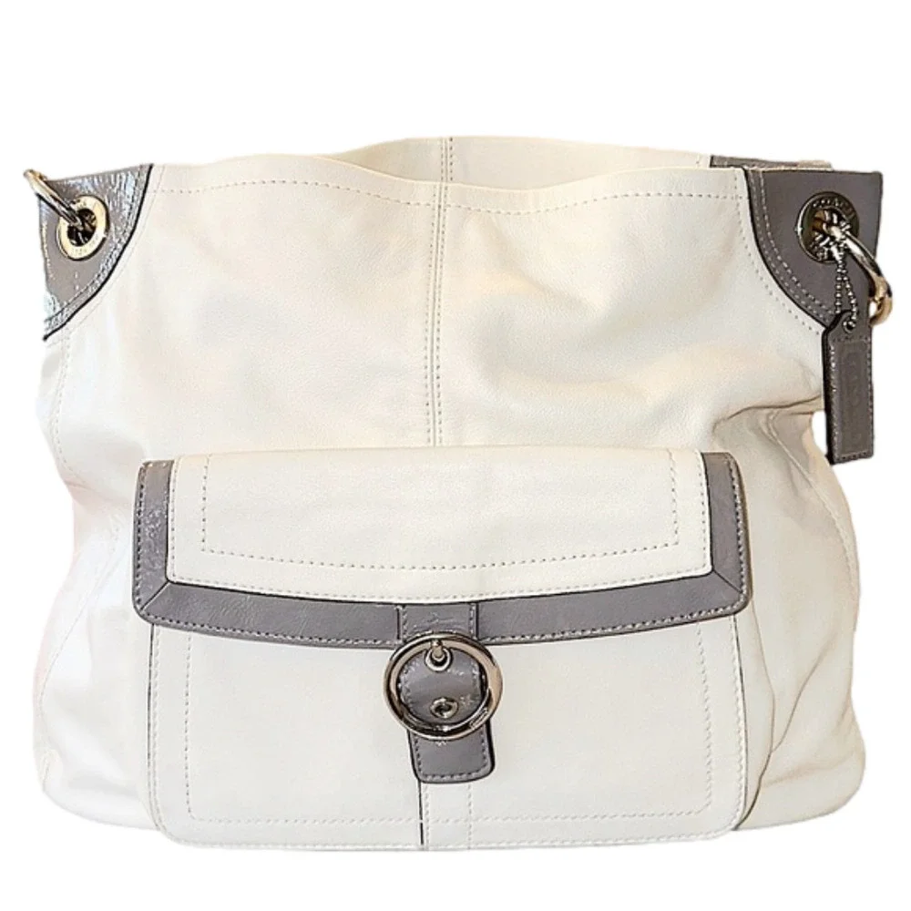 Coach Vintage Y2K City Zip Top Hobo Shoulder Bag Off white grey patent leather